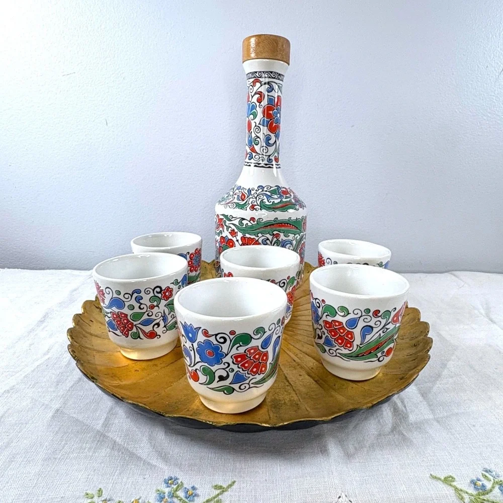 Vintage Keramikos  Greek Metaxa Ouzo Brandy Ceramic Decanter 6 Cup Set